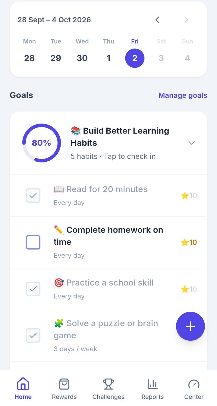 Family Habit home screen showing the goal Build Better Learning Habits at 80 percent with its daily habits