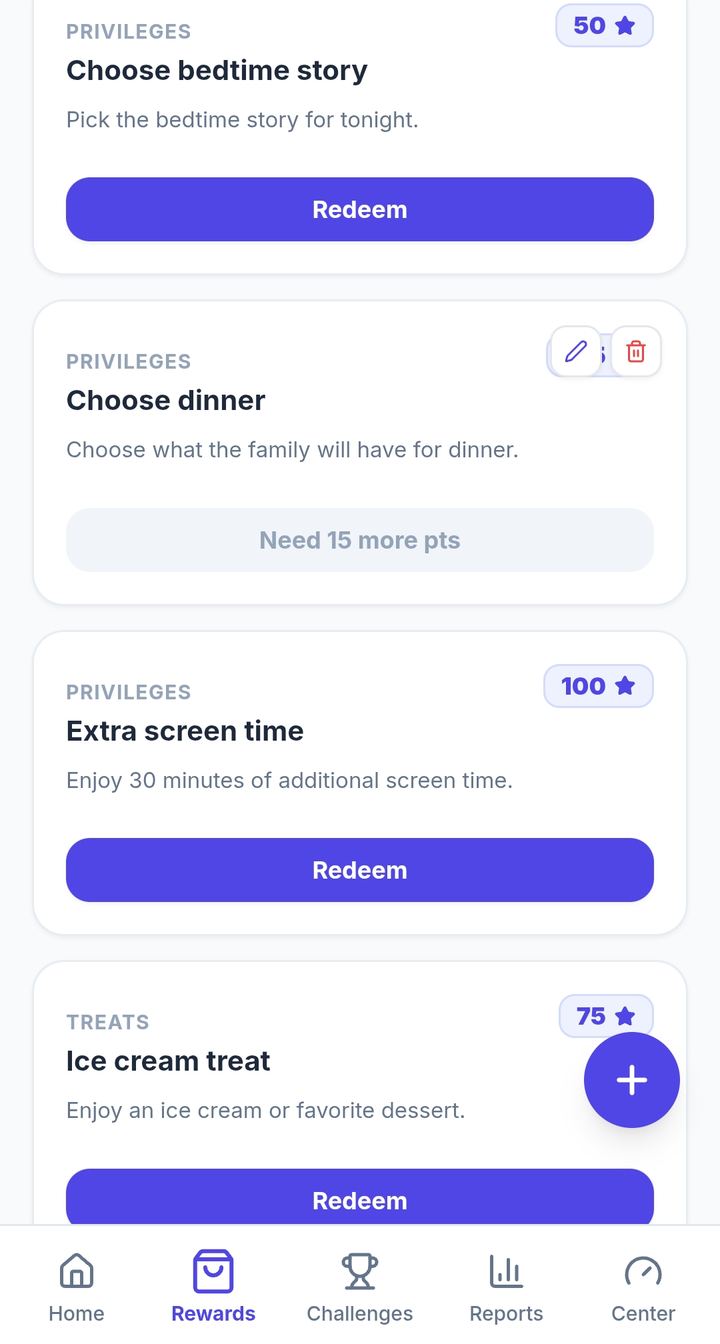 Rewards list with star costs and redeem buttons